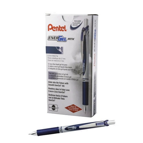 Pentel EnerGel RTX Retractable Liquid Gel Pen, (0.7mm) Metal Tip, Medium Line, Navy Blue Ink, 12 pack (BL77-CA)