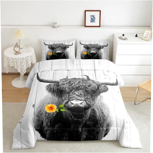 Feelyou HighlCow Comforter Set Grey Bull Cattle Comforter for Kids Boys Girls HighlCattle Bedding Set Wooden Plank Farmhouse Animal Duvet Set Room Decor Quilt Queen Size Boys