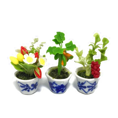 Mr_air_thai_Miniature Cactus and Flower 3pc Miniature Flower Clay Dollhouse Fairy Garden Mini Plant Trees Ceramic Paint Furniture Bundles Artificial Flowers Tiny Orchid #091