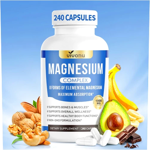 VivoNu 1000mg Magnesium Complex Capsules, 8-in-1 Magnesium Glycinate, Citrate, Malate, Taurate, Oxide, Carbonate, Aspartate, Orotate - 240 Capsules