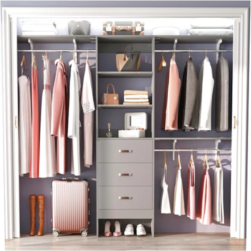 Girapow 96 inch Closet System with 3 Wooden Drawers, Closet Organizer System with Storage Shelves Cutable, Wall-mounted Closet System with 3 Adjustable Hanging Rods for Walk-in Closet, Grey