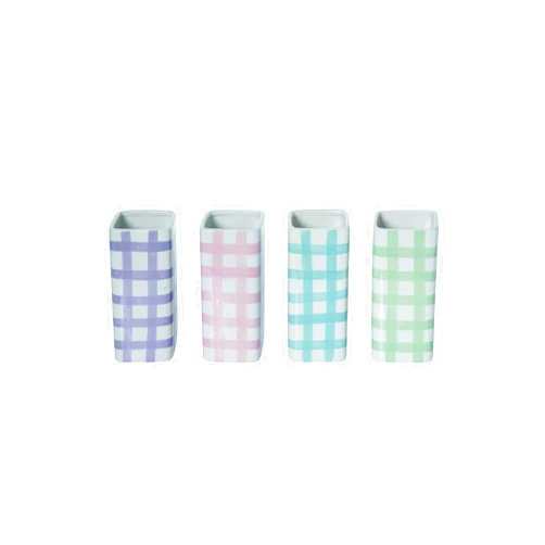 Transpac Spring Pastel Gingham Plaid 3.25 x 7.25 Ceramic Flower Plant Table Shelf Square Centerpiece Vase -Assorted Set of 4, TS01511