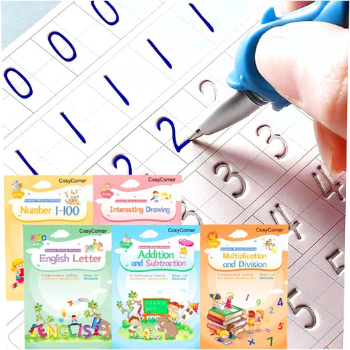 CosyCorner Magical Handwriting Workbooks Handwriting Practice Magic Copybook, Handwriting Aid Magic Pen Reusable Copybook Grooves Template Design for Children (5books+Pens)