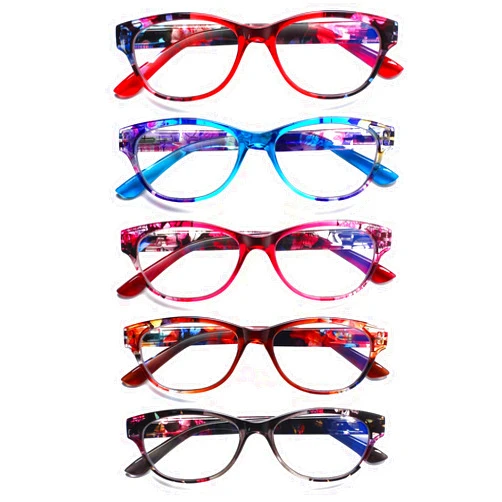 SIGVAN Ladies Cat Eye Reading Glasses 5 Pairs Blue Light Blocking Spring Hinge Fashion Pattern Print Readers for Women