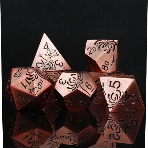 Haxtec Metal DND Dice Set Flower Polyhedral D&D Dice for Dungeons and Dragons Gift TTRPG Metal Dice MTG Game Table Leather Dice Bag- Copper