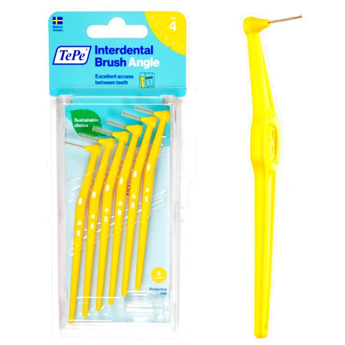 TEPE Interdental Brush Angle, Angled Dental Brush for Teeth Cleaning, Pack of 6, 0.7 mm, Medium Gaps, Yellow, Size 4