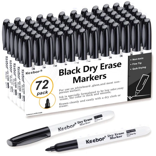 Keebor Basic Fine Tip Dry Erase Markers Black, 72 Count Low-Odor Whiteboard Markers Bulk, Office Supplies