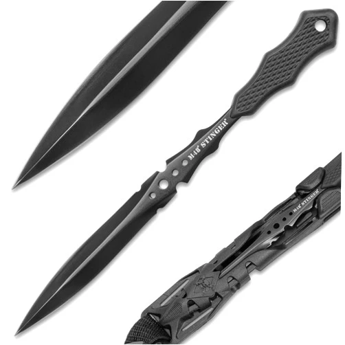M48 Stinger Urban Spike Knife | Cast Stainless Steel Construction | Anodized Non-Reflective Black Coating | Double-Edged Blade | Rubberized Handle Grip | Includes Vortec Shoulder Harness