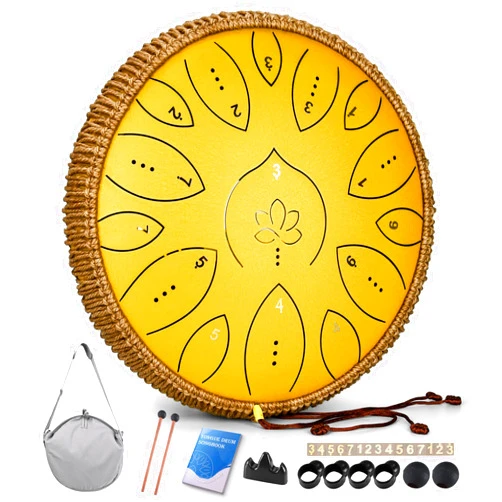 Lidguni Steel Tongue Drum 13 Inches 15 Notes, Hand Pan Drums for Adults 432hz, C Major Handpan Musical Instrument with Song Book, Mallets and Carry Bag, Yellow