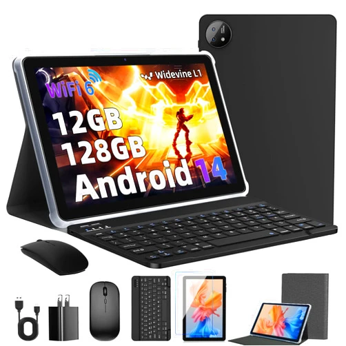 Rebecco Android 14 Tablet, 10 inch Tablet with Bluetooth 5.4, 12GB RAM+128GB ROM (Expand to 1TB), Octa-Core Android Tablet, 1280x800 IPS HD Touch Screen, WiFi 6, Dual Camera, 6000mAh, Widevine L1