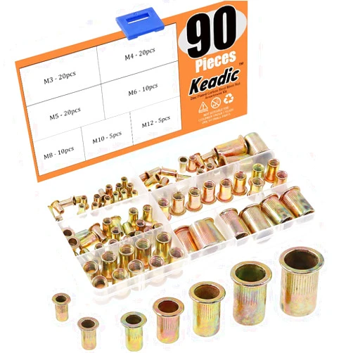 Keadic 90Pcs Metric Zinc Plated Carbon Steel Rivet Nut Flat Head Threaded Insert Nutsert Assortment Kit - Sizes Include: m3 m4 m5 m6 m8 m10 m12