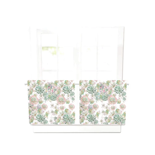 Funnywall88 Blackout Curtains for Bathroom Kitchen Window, Summer Watercolor Tropical Plants Succulents Cactus Short Thermal Insulated Tier Curtain Panels Rod Pocket, Set of 2, 30 Inch