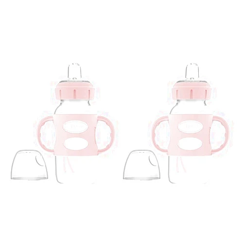Dr. Brown's Milestones Wide-Neck Sippy Spout Bottle with 100% Silicone Handles, Easy-Grip Handles with Soft Sippy Spout, 9oz/270mL, Light-Pink, 2-Pack, 6m+