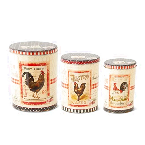 K&K Interiors Cream and Black Tall Round Rooster Tins-Set of 3