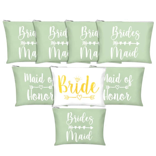 Whaline 8Pcs Bridesmaids Makeup Bags Wedding Bridal Cosmetic Canvas Organizer Bag Sage Green Maid of Honor Zipper Cosmetic Pouch for Women Wedding Bridal Shower Party Favor Supplies