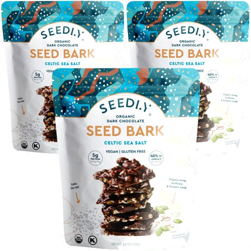 SEEDLY Organic Dark Chocolate Protein Bark - Celtic Sea Salt - 3 Count, 3.6oz Bags - Vegan Snacks, Low Sugar, Gluten-Free, Low Carb, Paleo, Keto, Non-GMO, Stevia-Free, No Sugar Alcohols