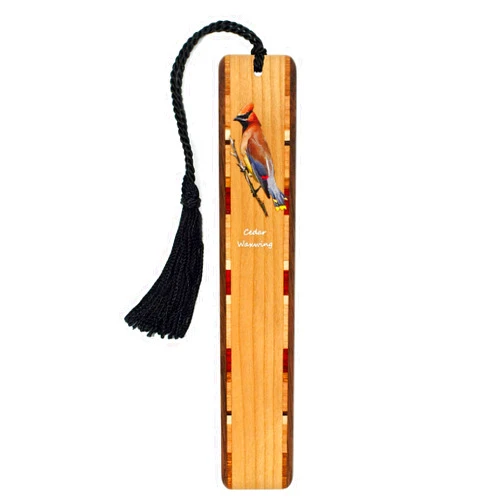 Mitercraft Cedar Waxwing Bird (Double-Sided) Wooden Bookmark with Tassel - Made in USA