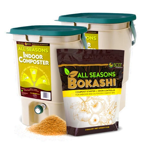 SCD Probiotics All Seasons Indoor Composter Starter Kit - Two Family-Sized Composting Bins for Kitchen Countertop and Bokashi Bran Compost Starter 5 lb (2 gallons), Easily Compost Food After Every Meal, Odor Free