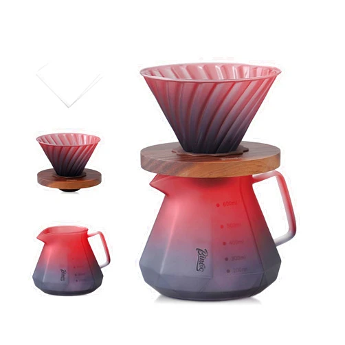 Bincoo Pour Over Coffee Maker Set - Borosilicate Glass Dripper with Walnut Handle & Glass Lid, 50 pcs V60 Paper Filters Included