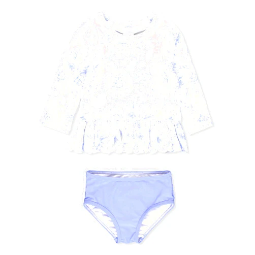RuffleButts Baby/Toddler Girls Scalloped Long Sleeve Rash Guard 2-Piece UPF50+ Sun Protected Swimsuit