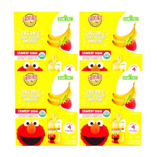 Earth's Best Organic Kids Snacks, Sesame Street Toddler Snacks, Organic Fruit Yogurt Smoothie for Toddlers 2 Years and Older, Strawberry Banana, 4.2 oz Resealable Pouch (Pack of 16)