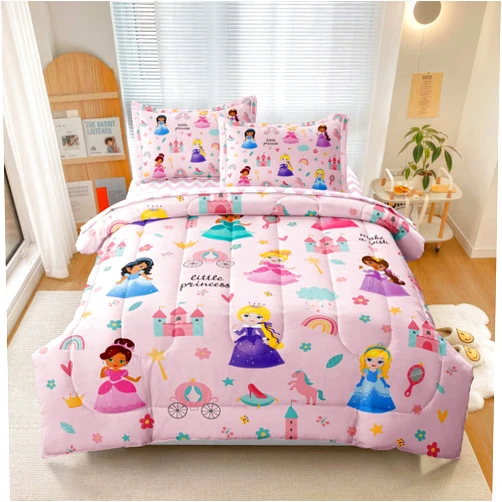 SIRDO Kids Magical Princess Comforter Set Bed in a Bag Twin Size- 5 Piece Soft Cute Castle Bedding Set for Girls (1 Comforter, 1 Flat Sheet, 1 Fitted Sheet, 2 Pillowcases), Pink