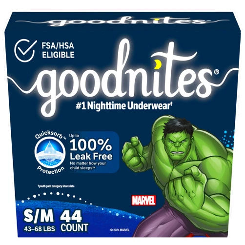 Goodnites Boys' Nighttime Bedwetting Underwear, Size S/M (43-68 lbs), 44 Ct (2 Packs of 22), Packaging May Vary