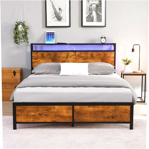 CNANXU Modern Industrial Queen Bed Frame with LED Lights and 2 USB Ports, Queen Size Platform Bed Frame with Wood Storage Headboard, Noise Free, No Box Spring Needed, Rustic Brown (Queen)