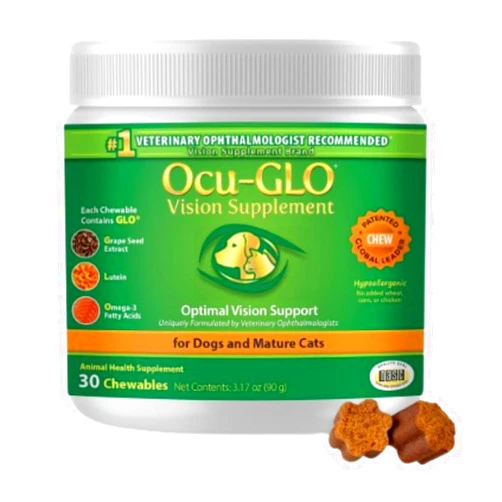 Ocu-GLO Cat & Dog Senior Supplement for Eye Support - Chewable Vision Vitamins Supplements for Large and Small Pets Care with Lutein, Omega-3 Fatty Acids, Grape Seed Extract & Antioxidants
