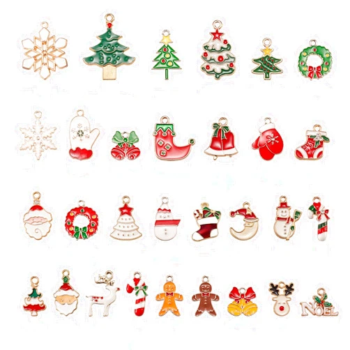 LiQunSweet 30 Pcs Assorted Golden Plated Enamel Christmas Style Charms Small Red Santa Claus Green Tree Pendants for Bag Decor Keychain Jewellery Making Crafting