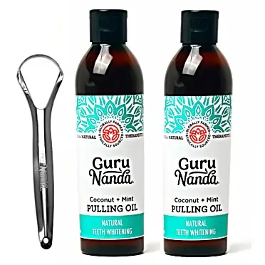 GuruNanda Whitening Pulling Oil & Dental Kit, Ayurvedic Blend of Coconut Oil & Pure Peppermint Essential Oil. Natural TeethWhitening Oral Rinse, Helps Bad Breath, Healthy Gums (8 fl. oz. x 2) Coconut + Mint Pack of 2
