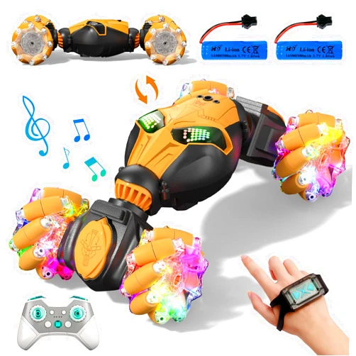 Axirata Gesture Sensing RC Stunt Car with Lights & Music for Kids 6-12 Year Old 4WD 2.4GHz Hand Controlled Remote Control Car 360° Rotation Off-Road Toy Car Gift for Boys Girls(Yellow)