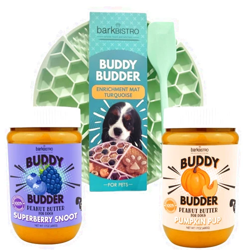 BUDDY BUDDER Superberry Snoot + Pumpkin Pup Blue Dog Enrichment Mat Combo, 100% Natural Dog Peanut Butter, Healthy Dog Treats - Made in USA (Set of 2 / 17oz Jars + Lickmat)