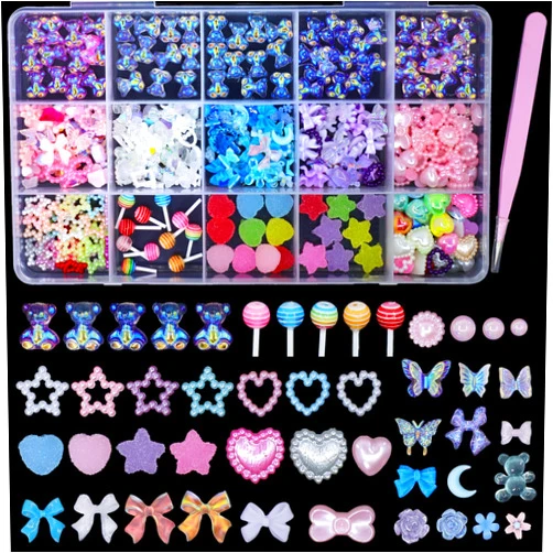Anower 3D Candy Bear Lollipop Nail Charms, Mix Pink Colors Blue White Purple Acrylic Assorted Nail Charms, Color Flower Butterfly Bow Heart Pearls Candy Cute Nail Charms for Nail Art DIY Accessories