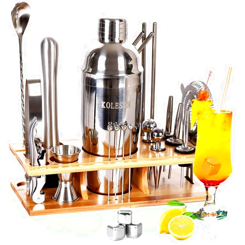 KOLESIN Bartender Kit, 26-piece Stainless Steel Bartender Kit with Stylish Bamboo Stand Home Cocktail Shaker Set Bar Set with Bar Mixer Best Bar Kit for Beginners