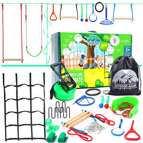 Outdoor Again Ninja Warrior Obstacle Course for Kids up to 880 Lbs - 2 x 65 ft - W/Bottom Slackline & 13 Obstacles | Weatherproof | Easily Setup on Trees or Posts | Ninja Course for Kids Outside
