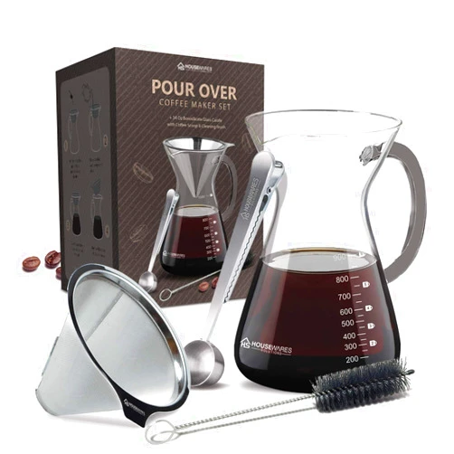 Housewares Solutions Pour Over Coffee Maker Set - 34 oz Glass Carafe, Stainless Steel Filter with Coffee Scoop and Cleaning Brush