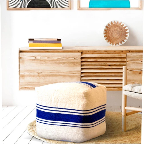 Fezcrafts Bohemian Square Pouf Ottoman Footstool, Handcrafted Premium Jute, Natural Beige, 16 Inches (Cream White & Blue, Pre-Filled)