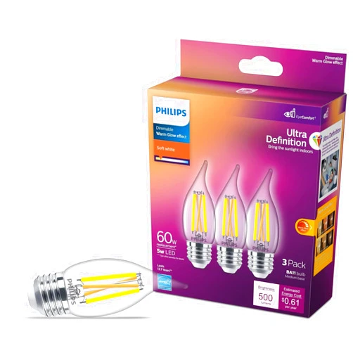PHILIPS LED BA11 Ultra Definition Dimmable LED Light Bulbs - Flicker-Free 60w Light Bulbs with EyeComfort Technology - Soft White 2700K Lightbulb - 500 Lumen - E26 Base - 3 Pack