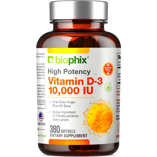 biophix Vitamin D-3 10000 IU 380 Softgels - High-Potency in Extra Virgin Olive Oil Non-GMO Soy-Free Supports Strong Bones Immune Health
