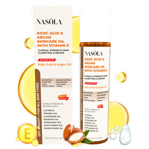 Nasola Kojic Acid Argan Skincare Bio Pure Oil with Vitamin E Face & Body Moisturizer Serum for Scars & Stretch Marks