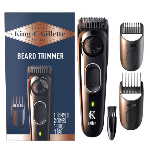 Gillette King C. Gillette Cordless Beard Trimmer for Men, Kit includes 1 Trimmer, 3 Interchangeable Combs, 1 Cleaning Brush, 1 Charger, 1 Travel Bag, BLUE