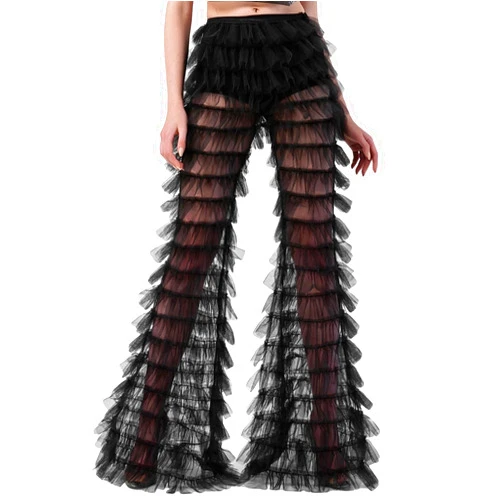 Kiluex Women Layered Ruffle Tulle Pants High Waist Wide Leg Long Trousers Sheer Mesh Tiered Party Pants