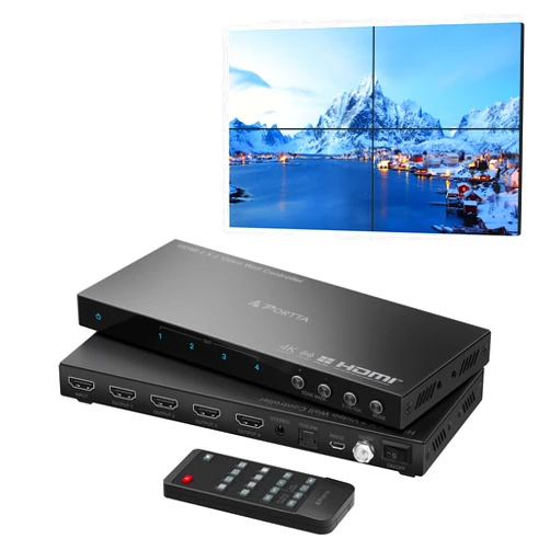 Portta HDMl Video Wall Controller 2x2 4K, PORTTA Video Wall Processor with 11 Splicing Modes, RS232, 180° Rotate, Audio Extractor, 2x2,1x2,1x3,1x4,2x1,3x1x4x1, 4 tv Screens into 1 Wall Display