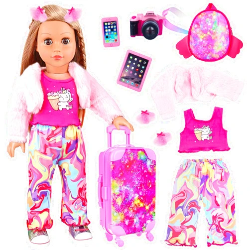Ecore Fun American 18 Inch Doll Clothes and Accessories Doll Suitcase Set, 10 Pcs Doll Travel Play Set with Doll Backpack Clothes Hair Clips Camera Computer Phone Fit 18 Inch Dolls Girl Gifts