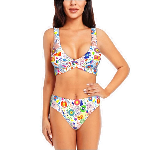 Pevtufa Pevufa Retro Musi Disco Print Women'S 2 Piece High Waisted Wrap Spaghetti Strap Summer Swimsuit Bikini Set-