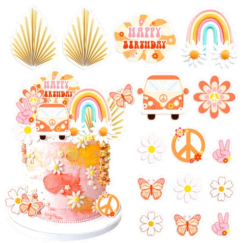 DRWATE 15 PCS Groovy Cupcake Toppers Boho Rainbow Cake Topper Hippie Party Decorations with Flower Bus Happy Birthday for Girl 2nd Birthday Party 60s Theme Boho Groovy Party Supplies (Bohemia)
