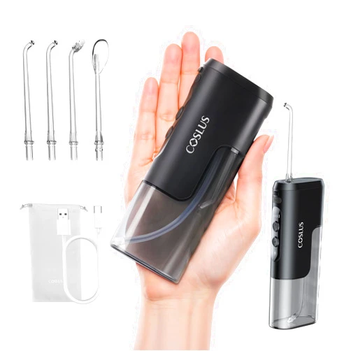 COSLUS Mini Water Flosser for Travel: Portable Compact Design, Cordless Oral Irrigator with 4 Modes, Removable Tank, IPX7 Waterproof for Braces, Orthodontic, Sensitive Teeth On-The-Go Use, Black, T40