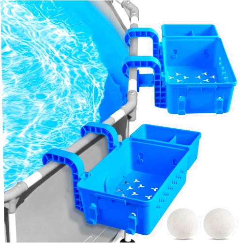Znorso 2 Pack Poolside Storage Basket, Poolside Storage Basket with Cup Holder Hooks, Above Ground Pool Accessories; Swimming Pool Storage Basket with Filter Ball, Poolside Storage for Most Above Pool, Blue