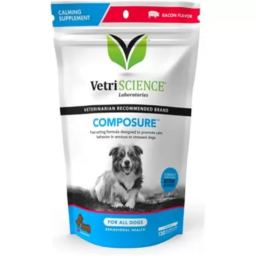 VETRISCIENCE Composure Calming Supplement for Dogs, Chew – Dog Calming Treats for Anxiety Relief, Fireworks, Travel, Grooming, Vet Visits, Thunderstorms, and Daily Stress 120 Count (Pack of 1) 120 Count (Pack of 1) Bacon